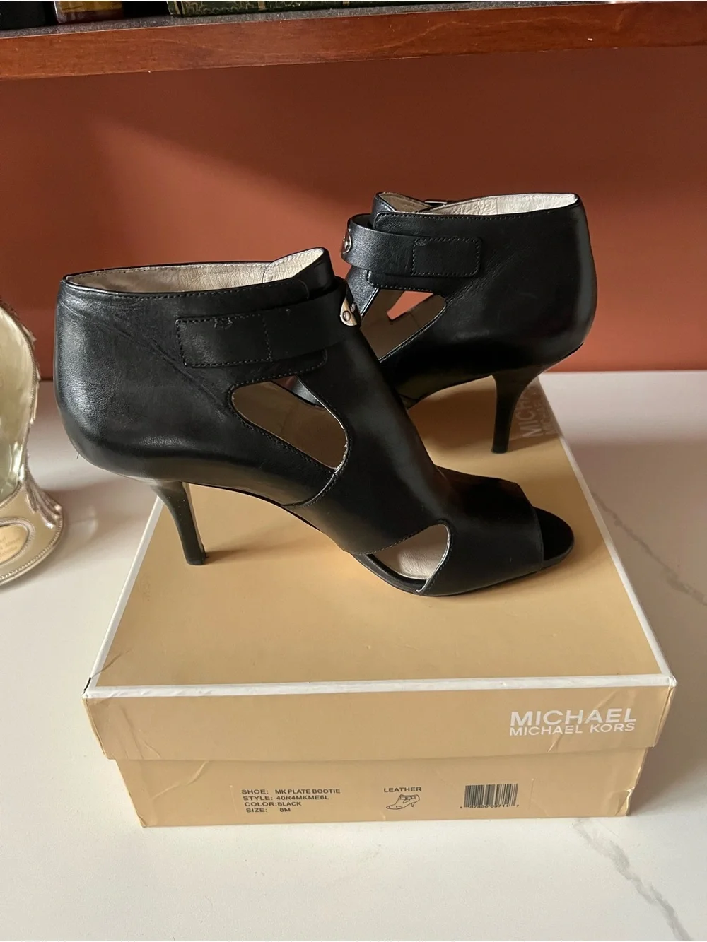 Michael Kors Black Leather Open-Toe Ankle Booties with Silver Plaque